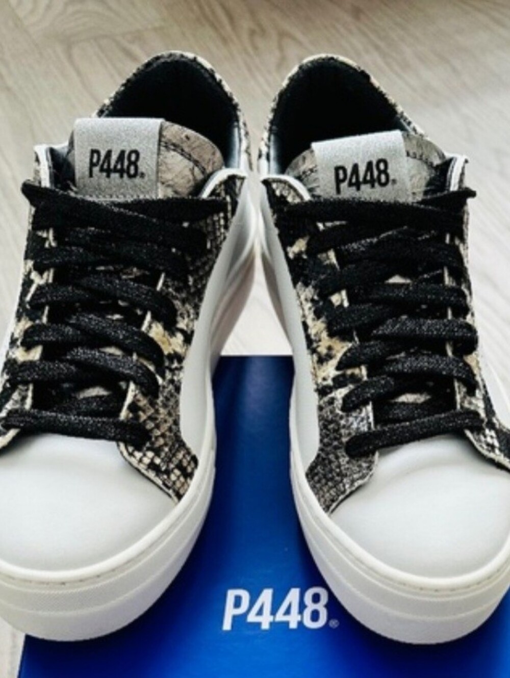 NEW CONDITION P448 White Sneakers with Black Laces and Snakeskin Accents